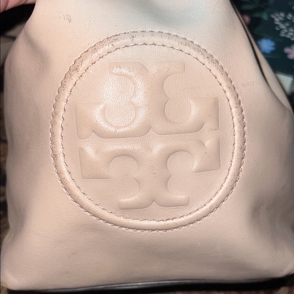 Tory Burch mini Fleming backpack in beige nude color